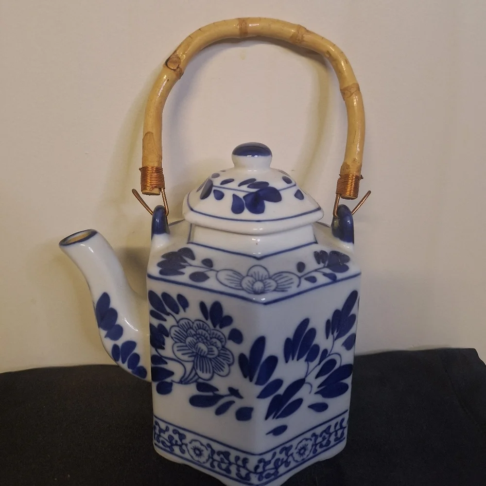 Blue and White Floral Porcelain Teapot with Bamboo Handle
